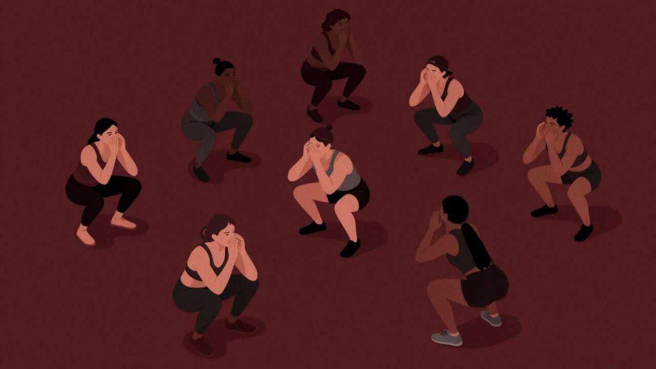 Overhead view of people doing squats in a gym, their forms slightly varied.