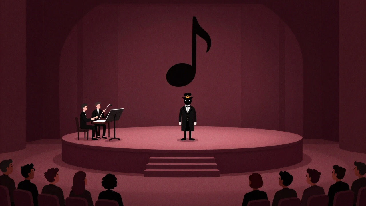 Illustration of a tiny dot rampaging on a grand stage, perplexing both performer and audience.