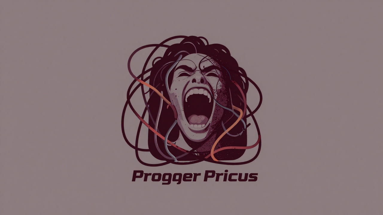 An object styled like a program logo tangled in wires, screaming