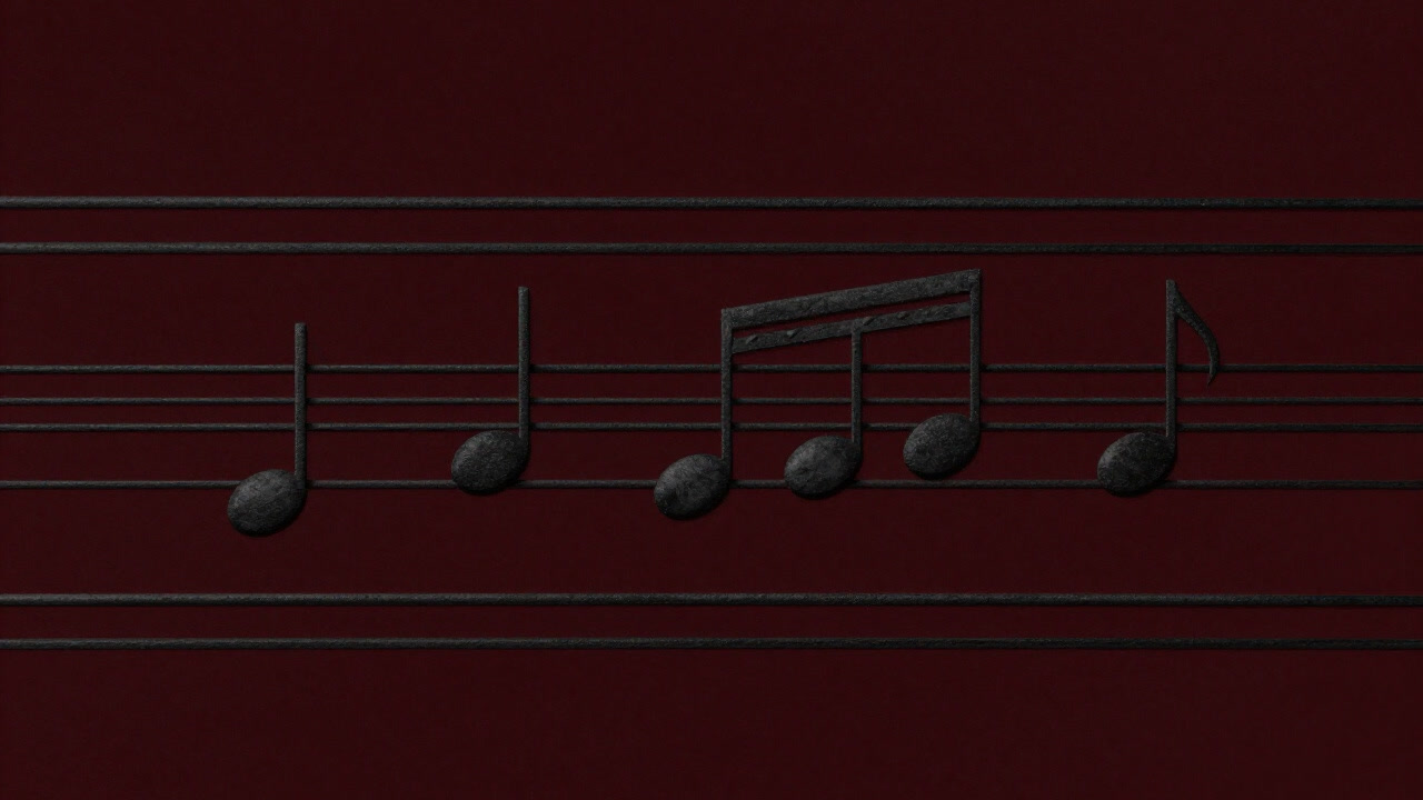 五本の平行線が無言で並び、音符たちが行儀よく並んでいる楽譜の一部のクローズアップ画像