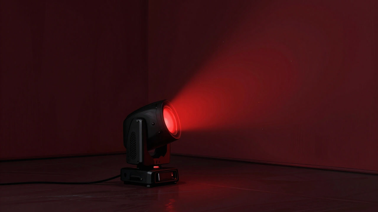 暗いステージの片隅で、小さなスピーカーが執拗に赤ランプを光らせながら演者へ囁いている様子。