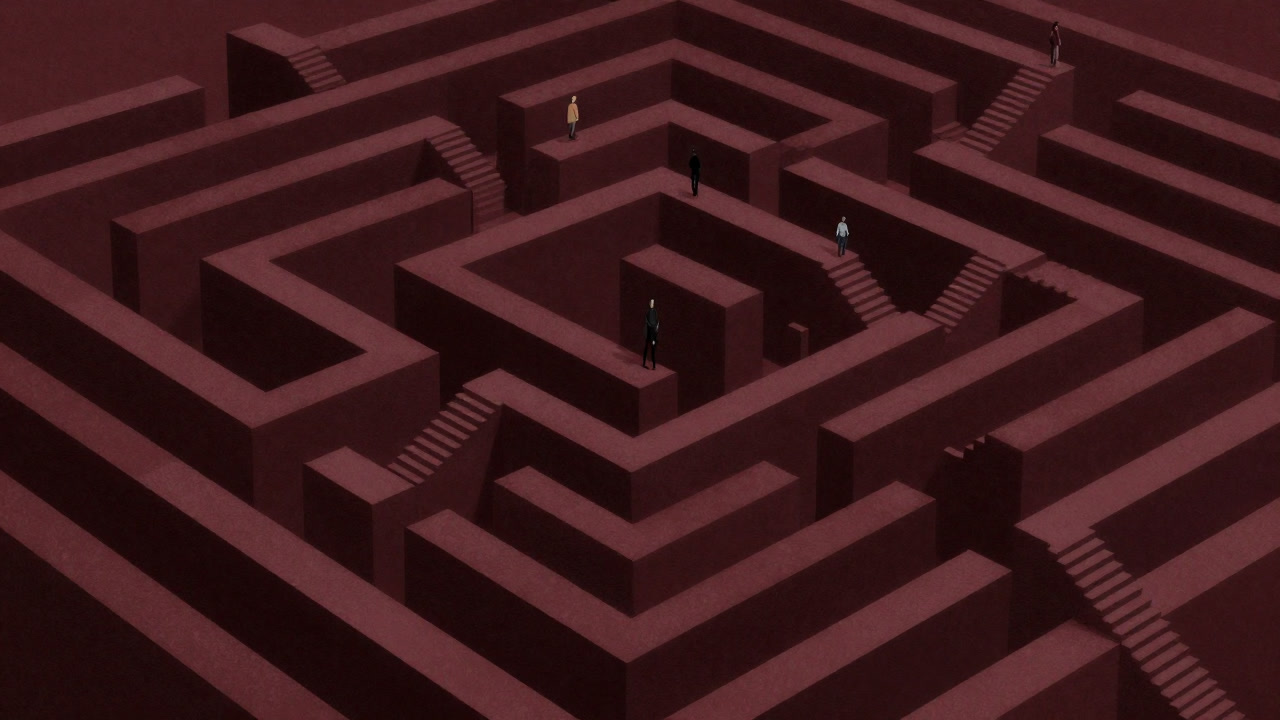 様々な大きさの階段が不規則に組み合わさり、行き先のはっきりしない迷路のようなイラスト