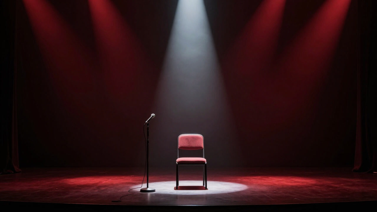 An empty chair and microphone illuminated by colorful stage lights