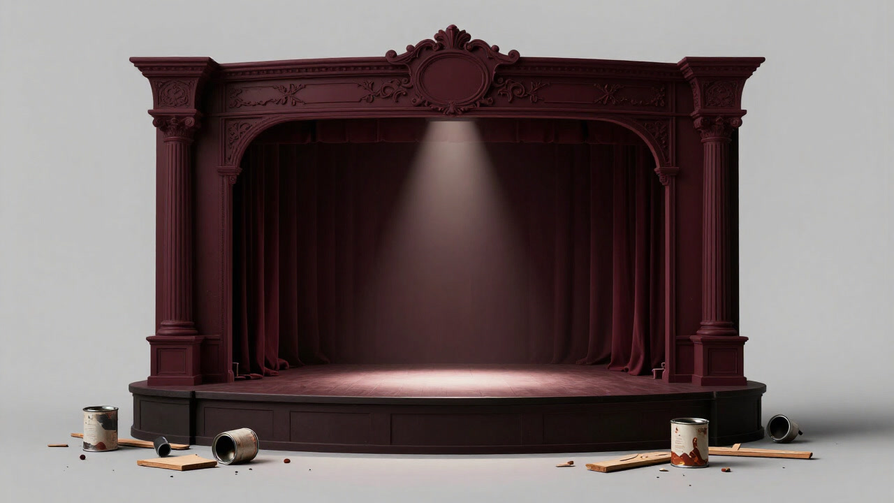 An elaborate stage set illuminated in darkness, with worn paint cans scattered on the floor