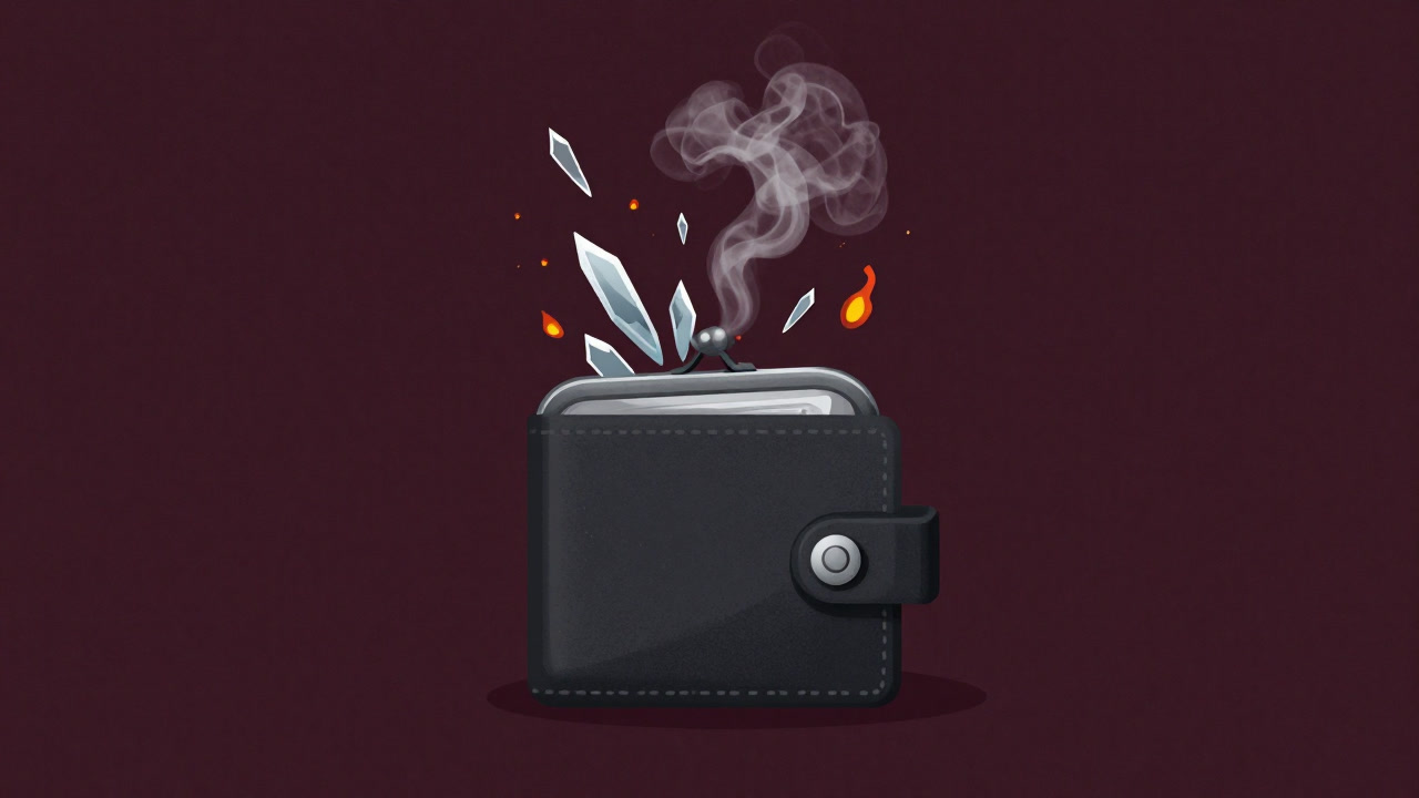 財布から煙が上がり、背景に氷と炎が交錯するグラフィックイメージ