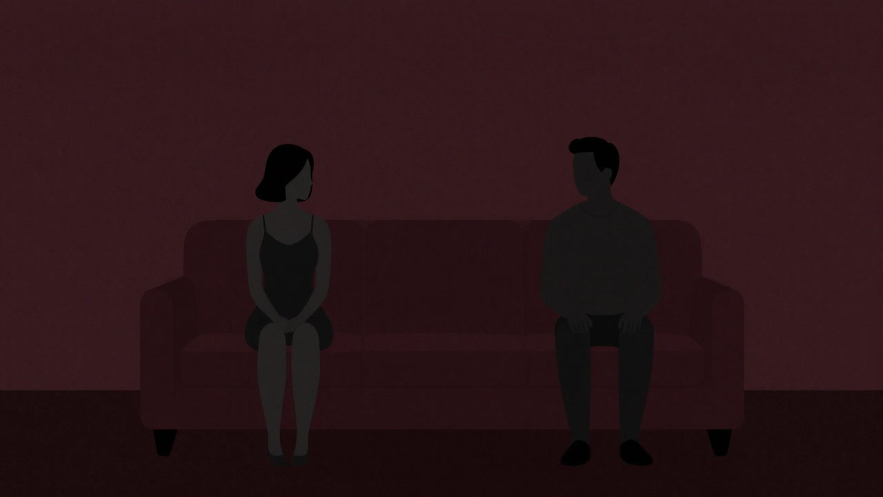 Faded couple sitting silently facing each other in an empty living room