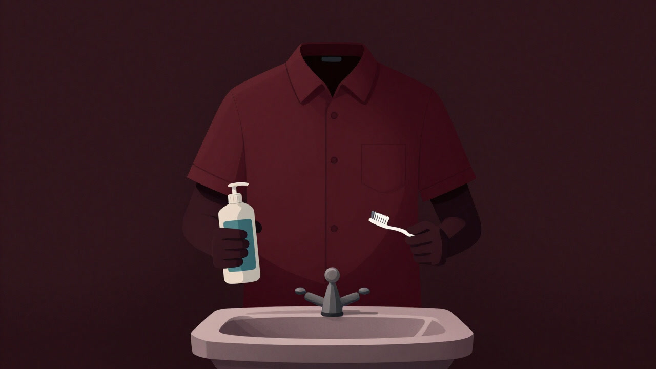 Image of a shirt standing at a sink, armed with bleach bottle and toothbrush like a samurai preparing for battle