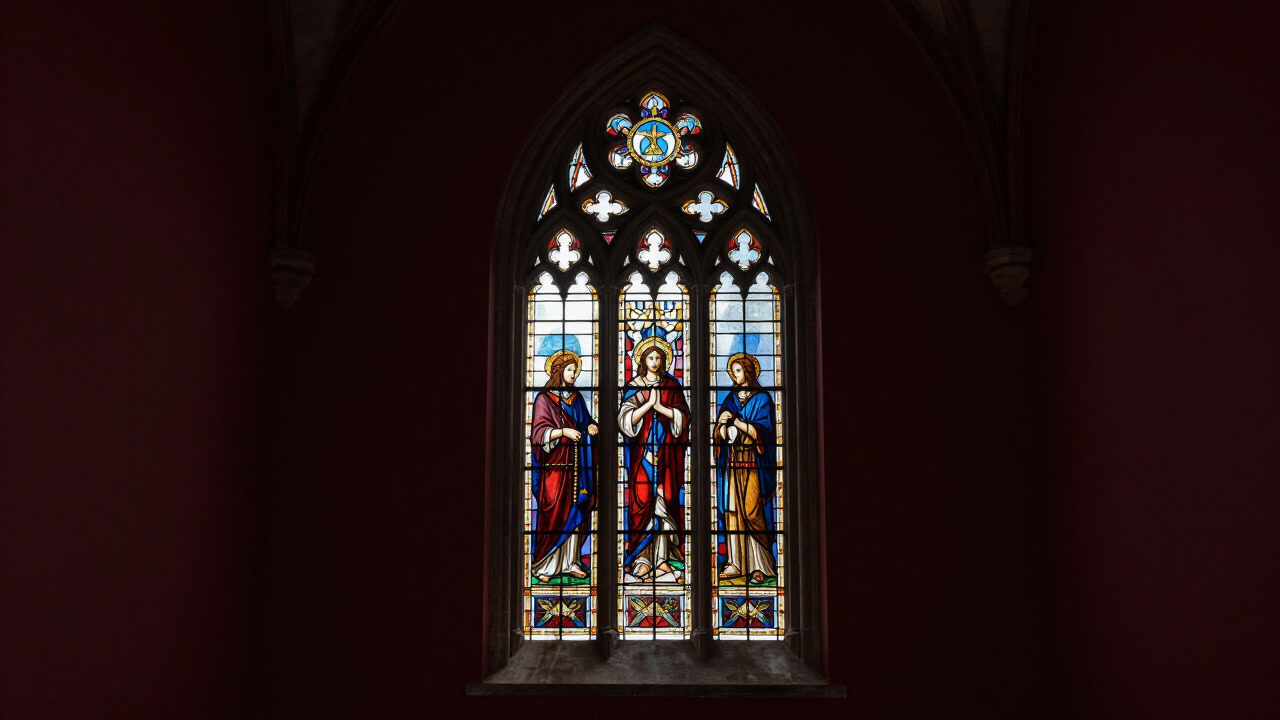 Vibrant shards of colored glass sparkling in sunlight through a church window
