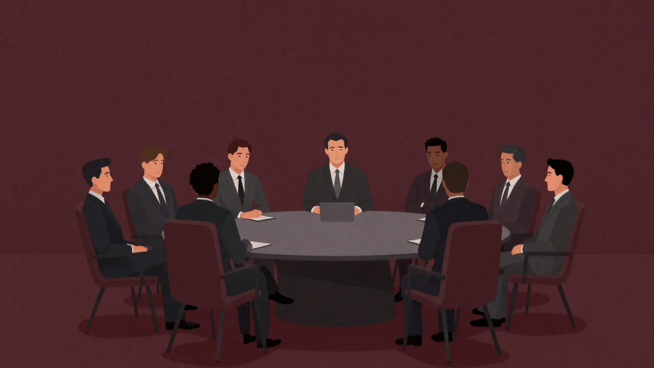 Illustration of suit-clad individuals around a round table, expressionless, listening to a presentation with glazed eyes.