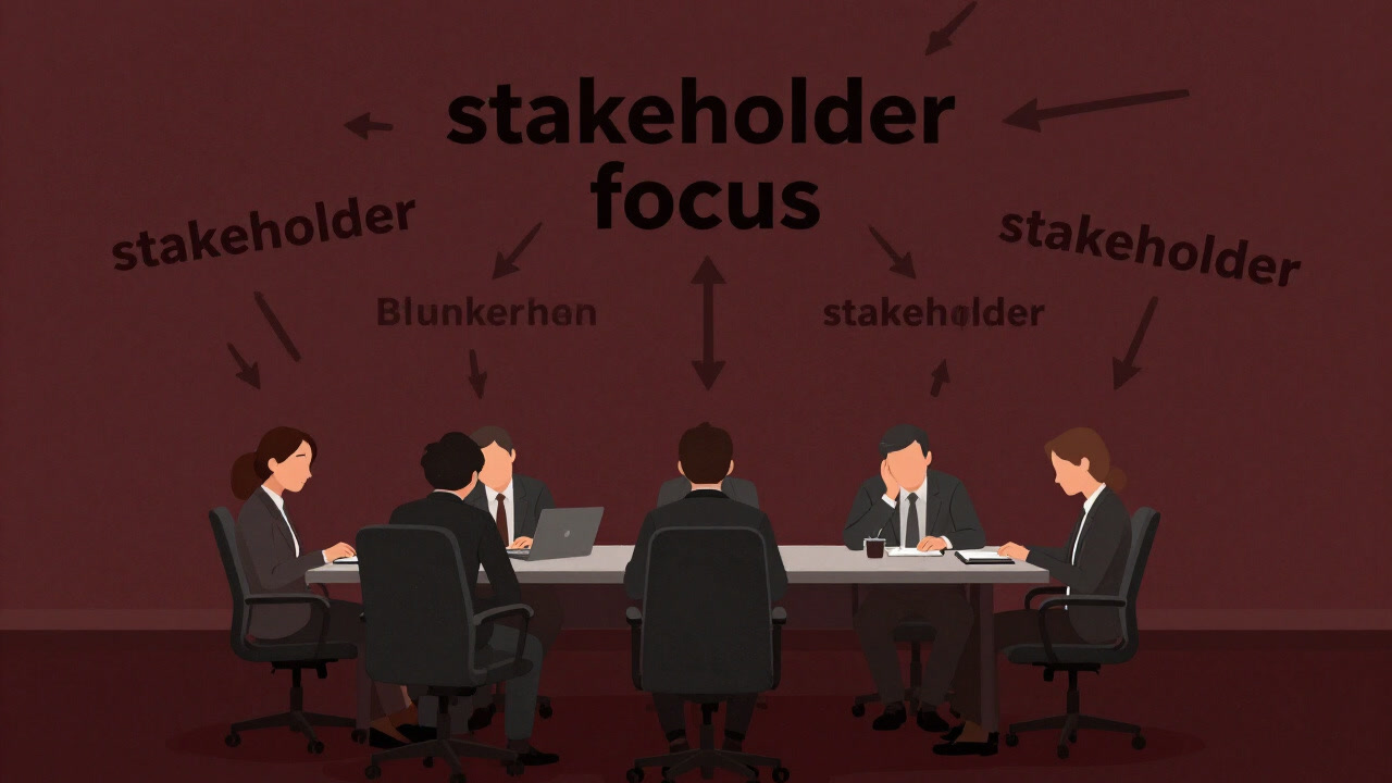 会議室の中央で無数の矢印が飛び交い、宙に浮く『利害関係者重視』の文字を見上げる疲れた社員たちのイラスト