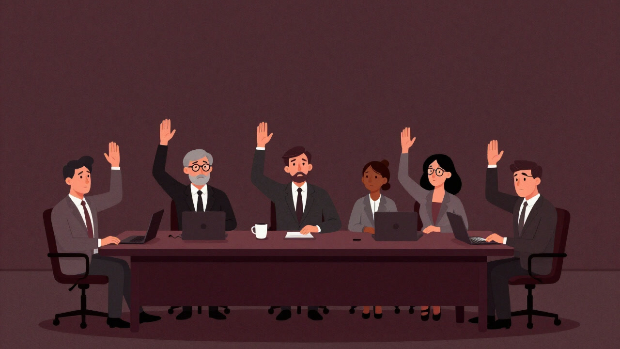 長いテーブルを取り囲む複数のビジネスパーソンが、皆同時に手を挙げながらも退屈そうに見つめるイラスト