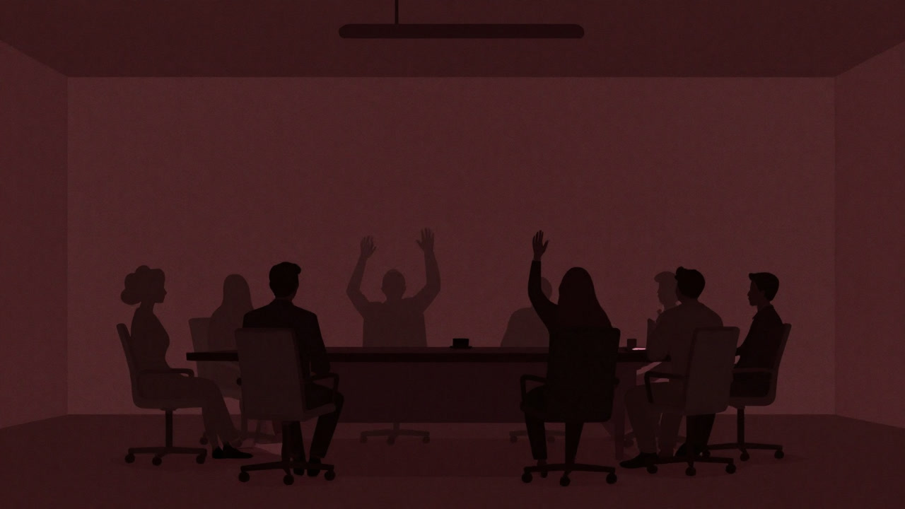 Shadowy figures gathering around a conference table, raising hands to speak.