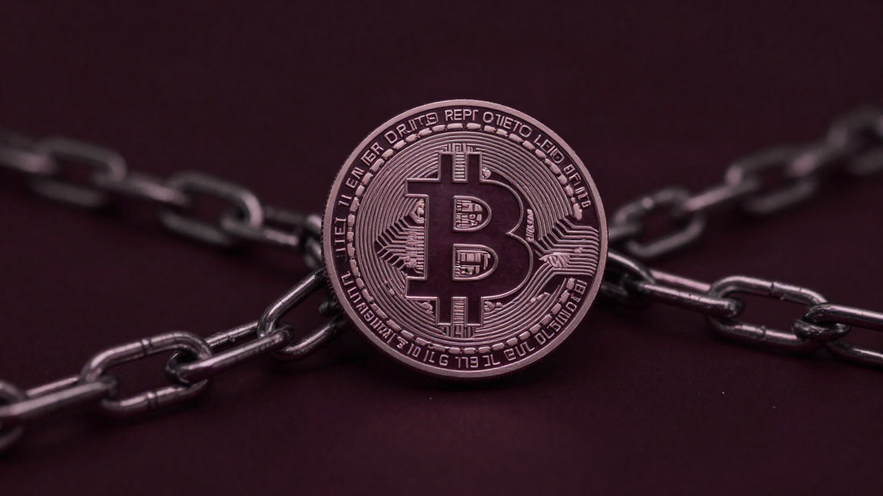 Close-up of cryptocurrency coins bound by chains against a dark background