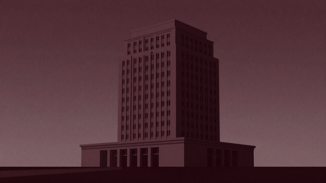 A monolithic building encircled by bars like a cage and surrounded by surveillance cameras, casting a cold stare.