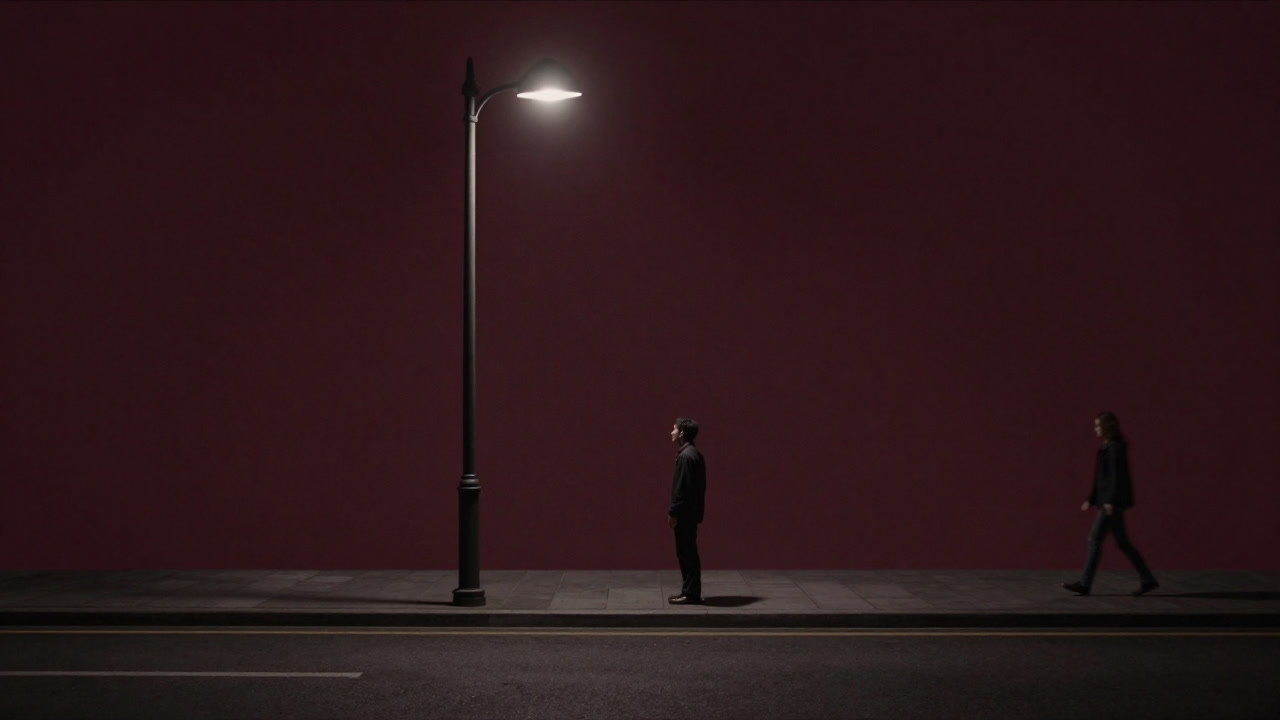 夜道の街灯の下で、遠くから被害者を見つめる人影のシルエット