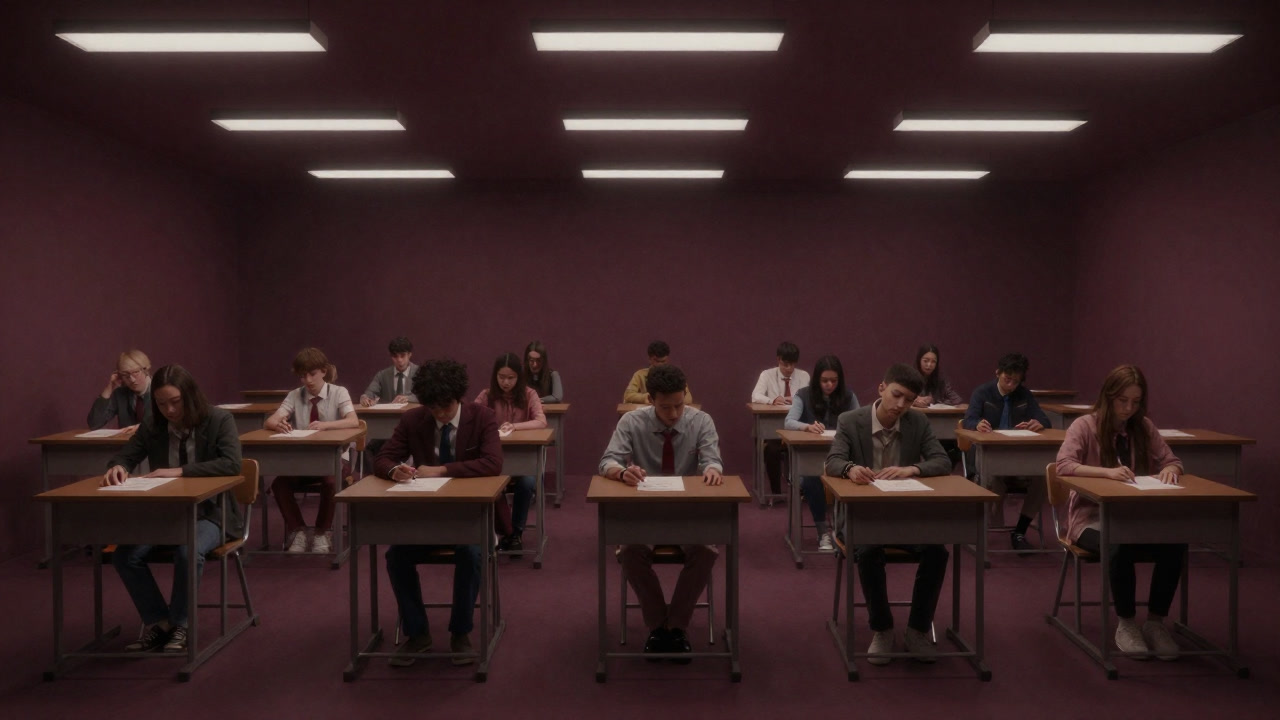 Examination hall with countless bubble answer sheets and anxious test-takers lined up