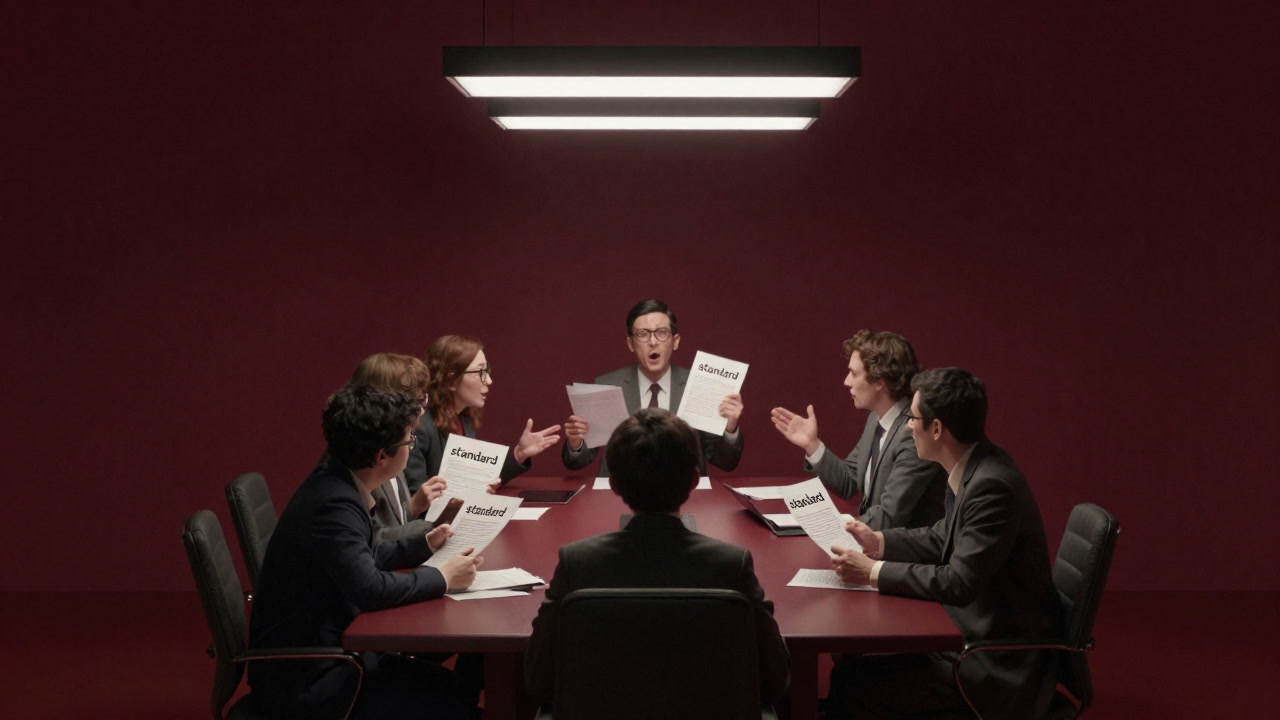 会議室のテーブルを取り囲み、膨大な書類を前に真剣な顔で議論する代表者たちのイラスト