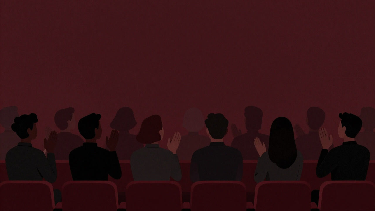 総立ちした観客のシルエットがスクリーンの前に広がる画像
