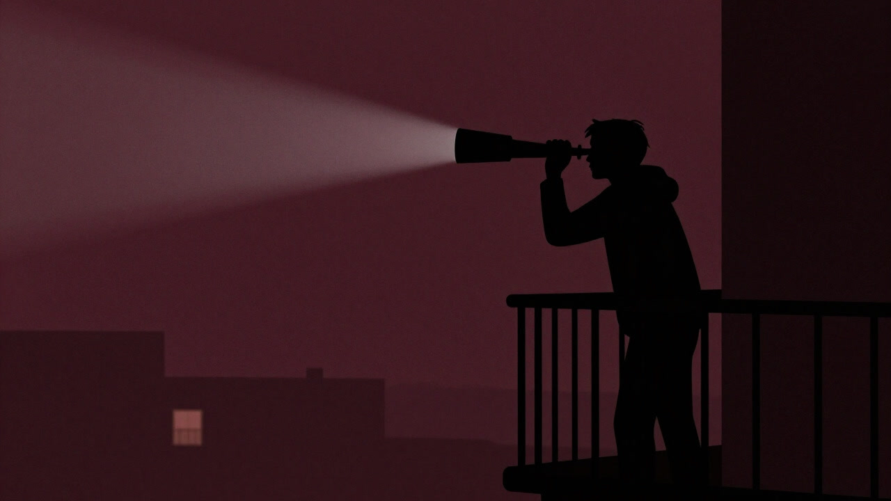 Silhouette of a person on a dark balcony peering through a telescope, shivering in the cold while searching for stars.