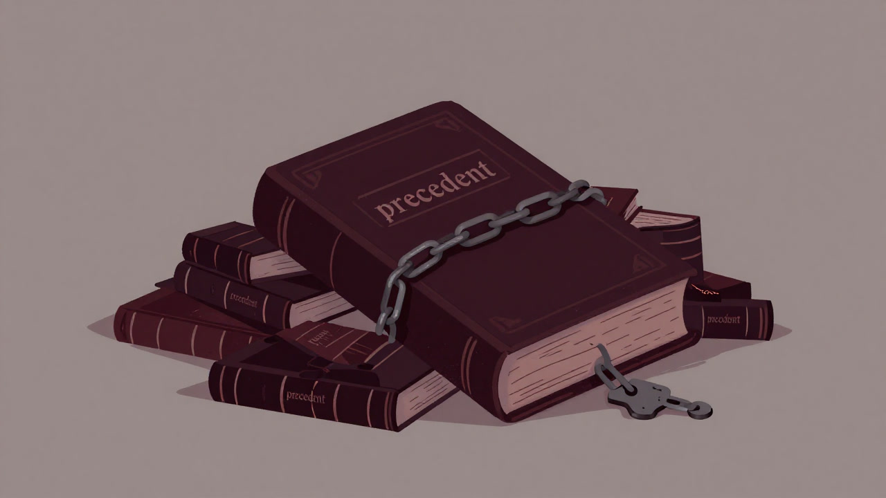 Illustration of a law book shackled by chains and buried under piles of past precedents