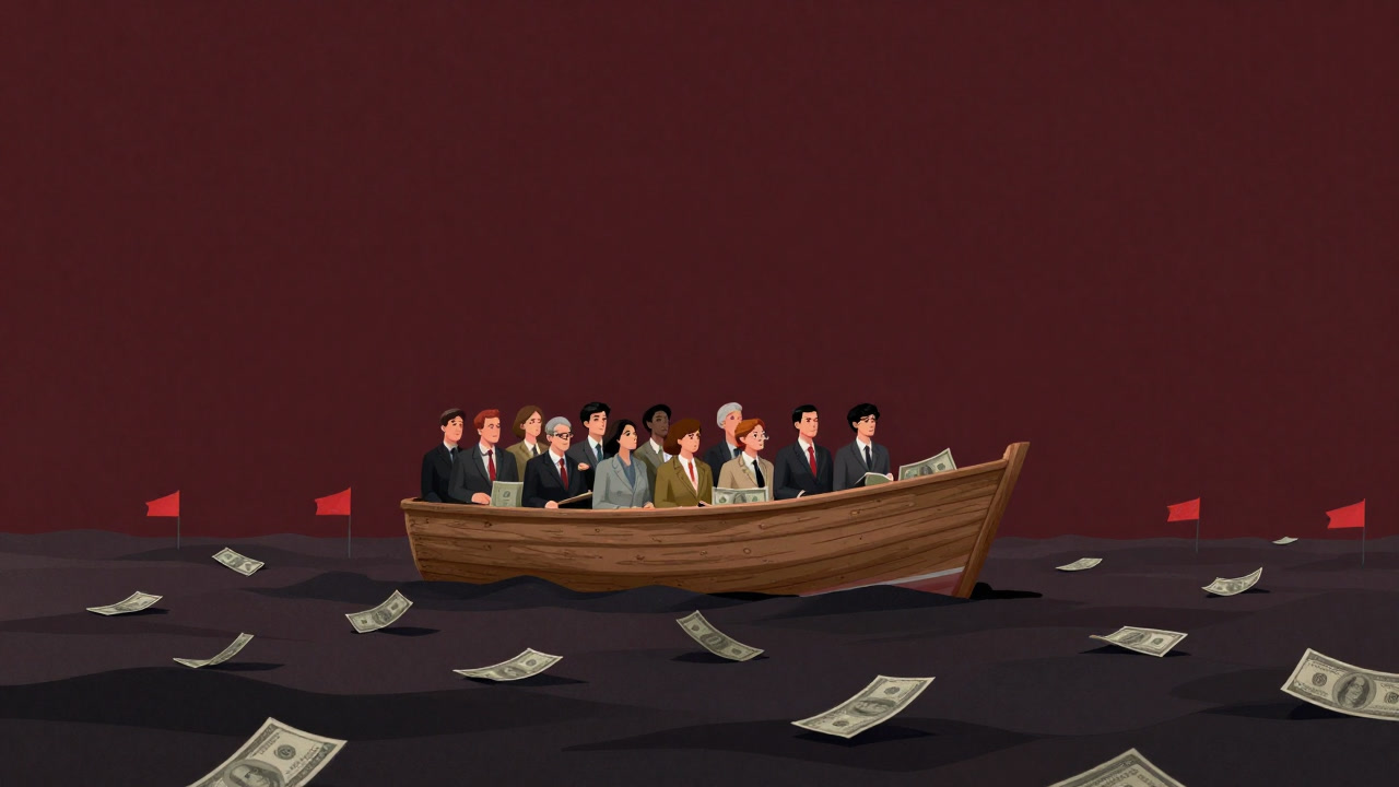 Illustration of entrepreneurs crowding on a tiny boat in a capitalist wilderness
