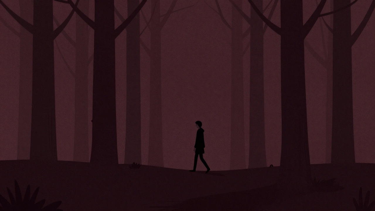 A figure wandering in a deep forest, symbolizing a world without the shadow of law