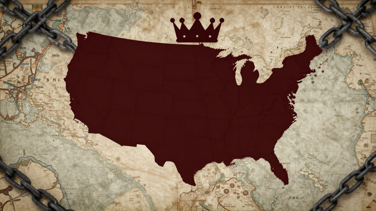 Illustration of a crown-wearing state binding its borders with chains against a worn map background