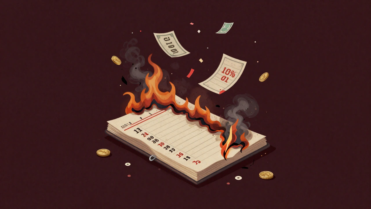 Illustration of a cash flow statement page engulfed in flames, with banknotes scattering like confetti.