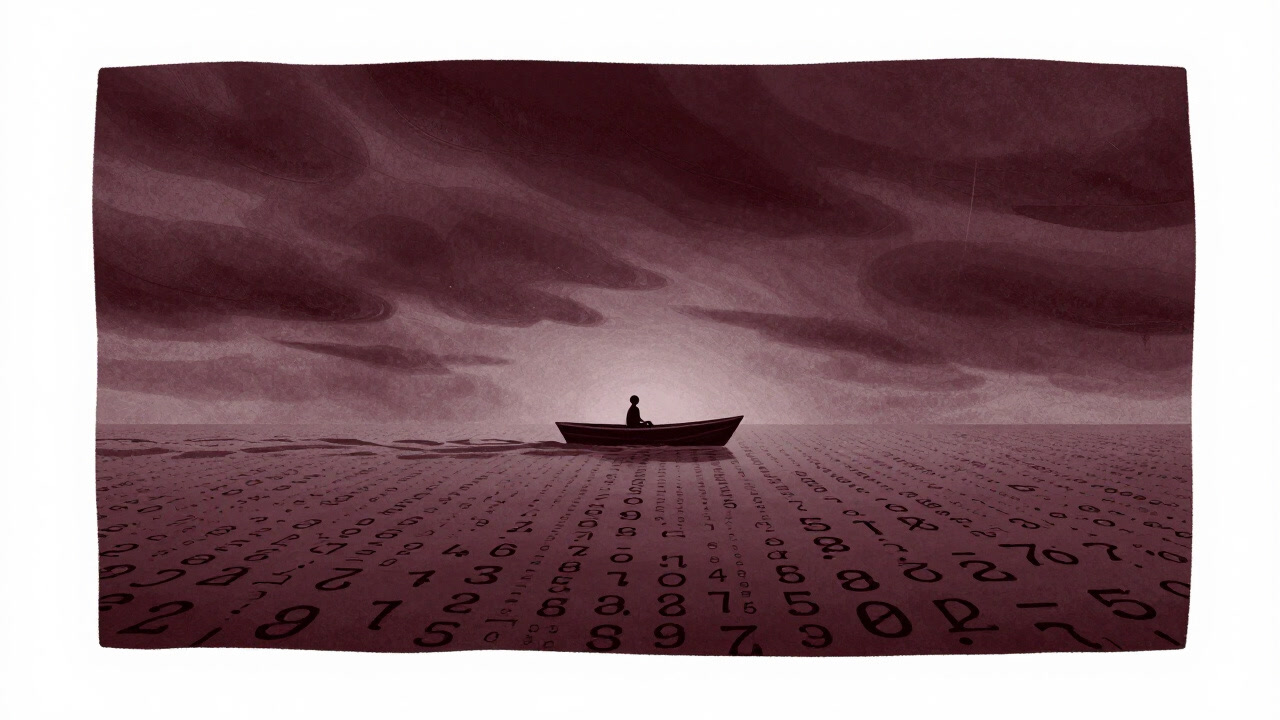 Silhouette of a statistician on a tiny boat in an endless sea of numbers
