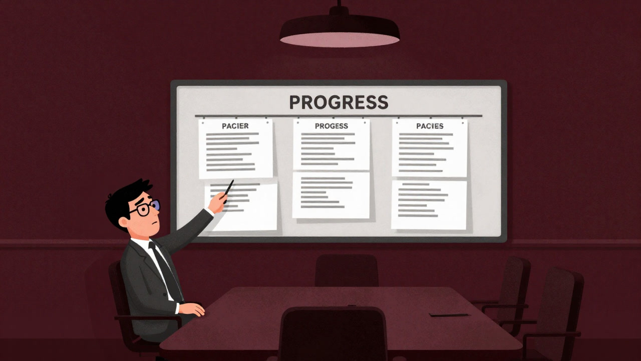 Illustration of an employee standing blankly in front of a whiteboard filled with bullet points of progress.