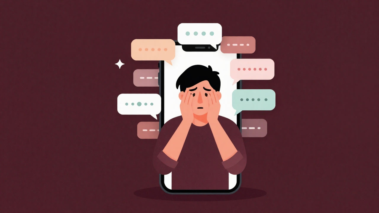 スマートフォンの画面に浮かぶ様々なステータスタグに囲まれ、戸惑う人物のイラスト