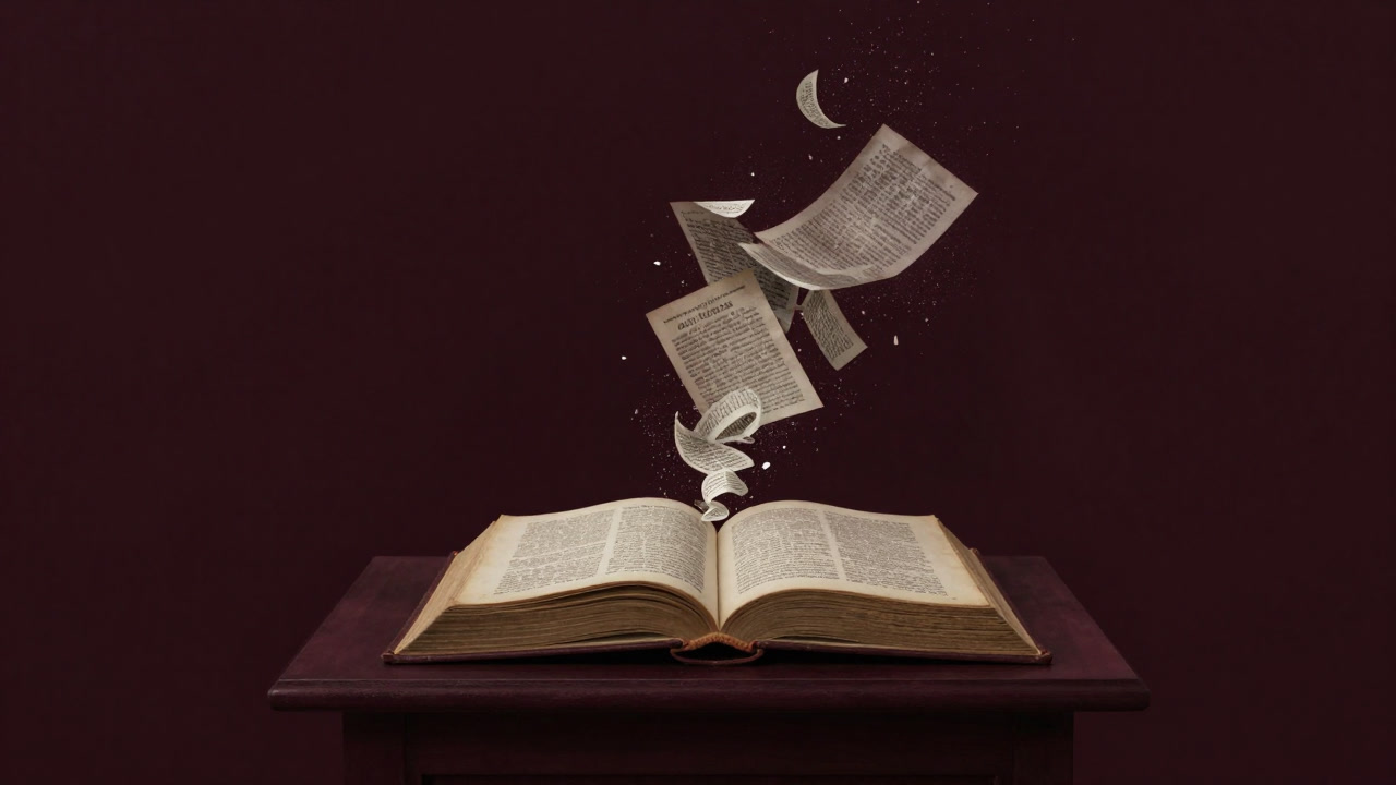 An old law book opened with flying scraps of paper around it