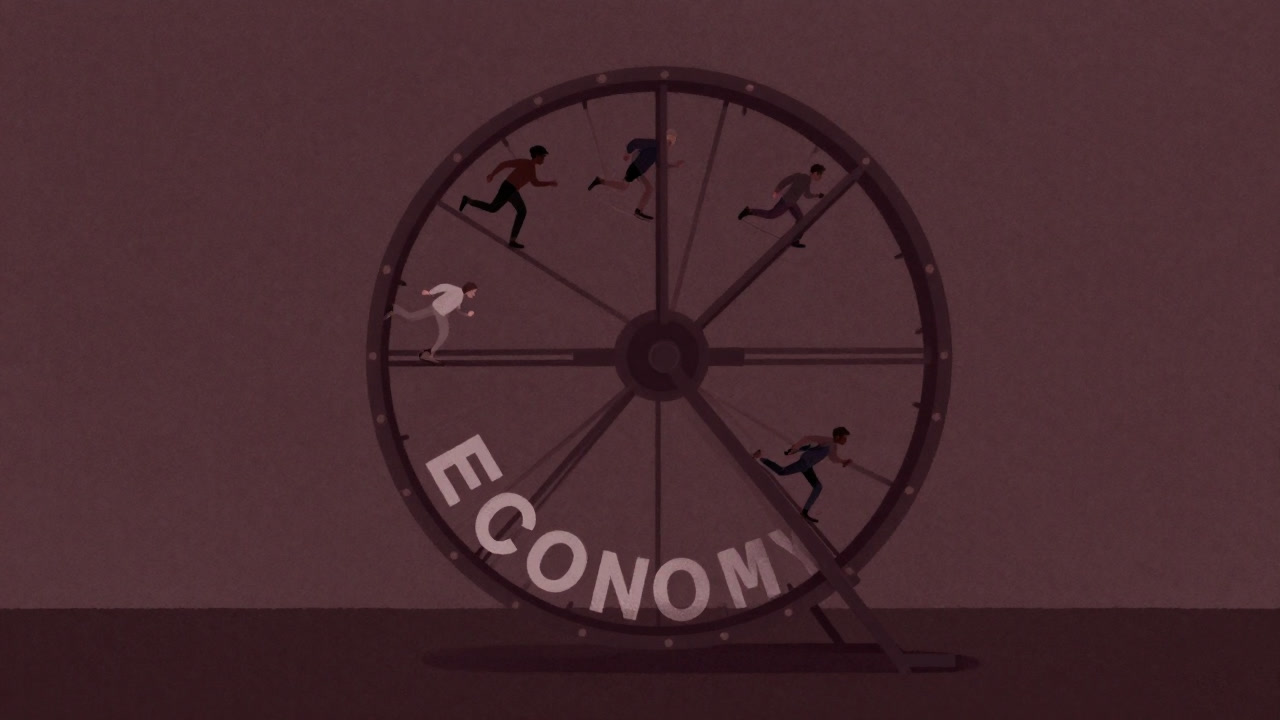 無限に走る人々が経済の文字を背景にハムスターのように回る輪を回しているイラスト