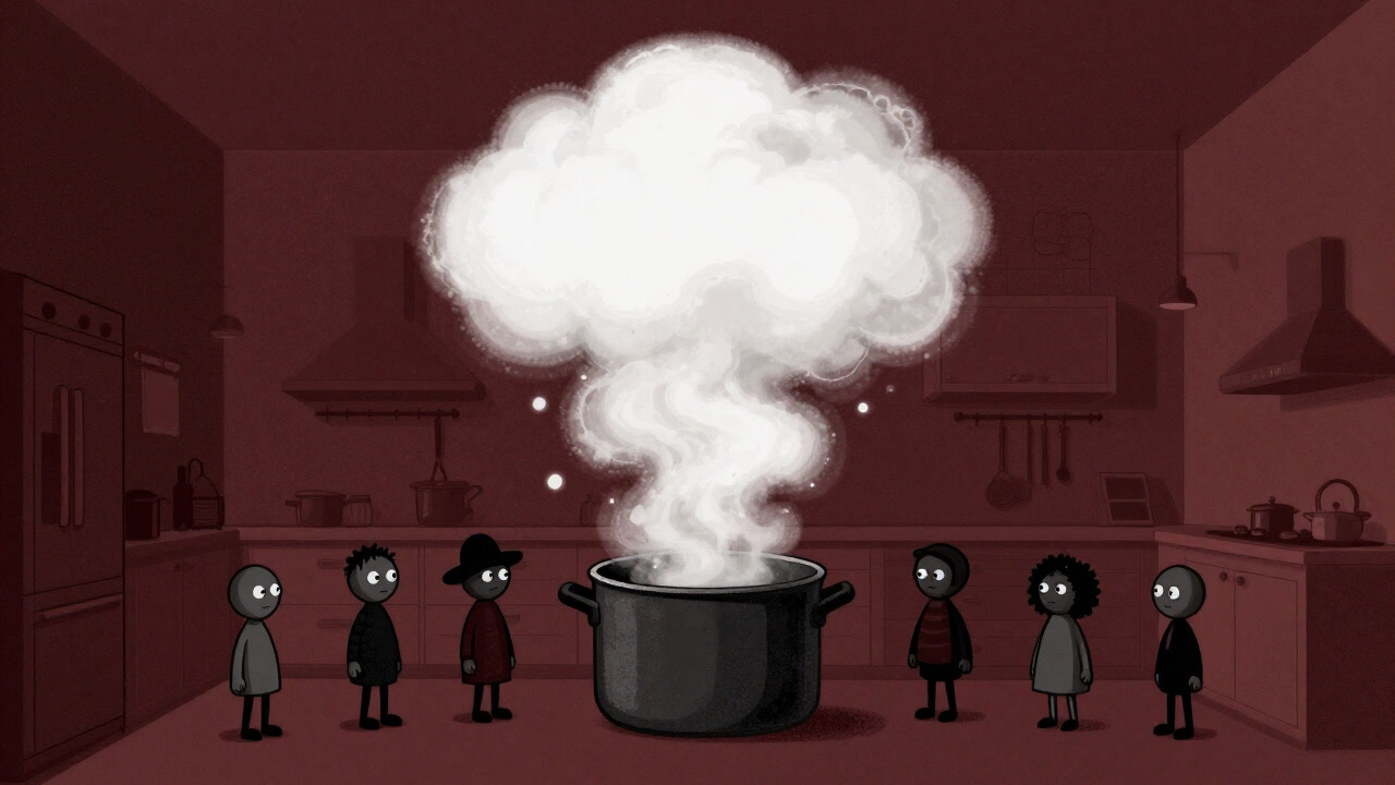 Steam roaring from a pot lid filling the room and stealing the inhabitants' breath.