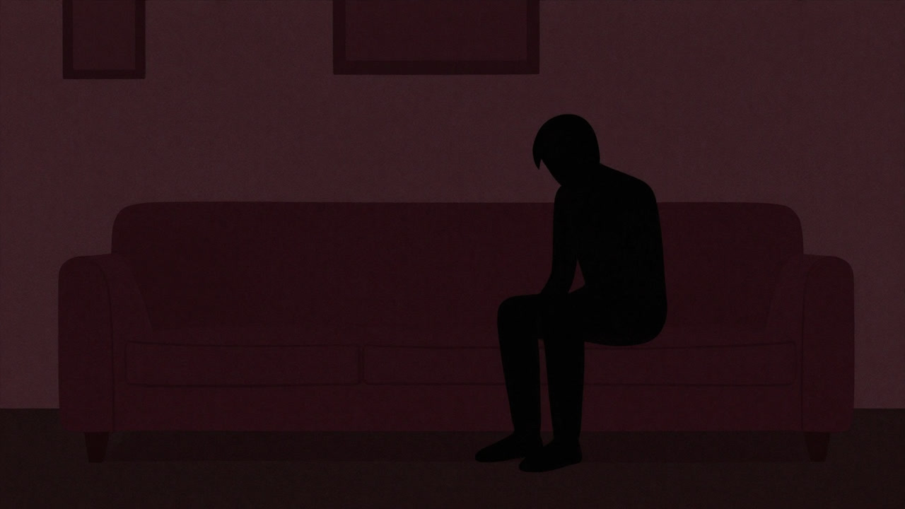 Silhouette of a stepparent hesitantly sitting on a sofa in the corner of a living room
