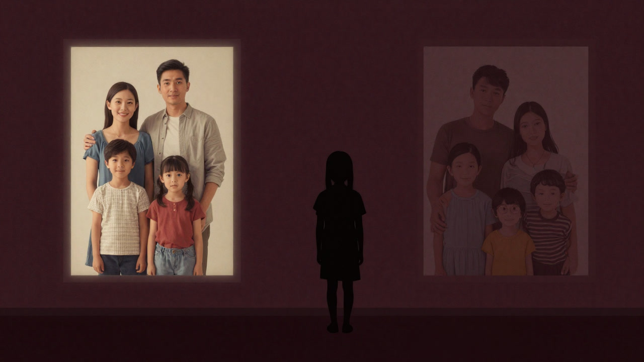 Silhouette of a child standing in a shadowy boundary, looking at the biological family on one side and the stepparent family on the other.