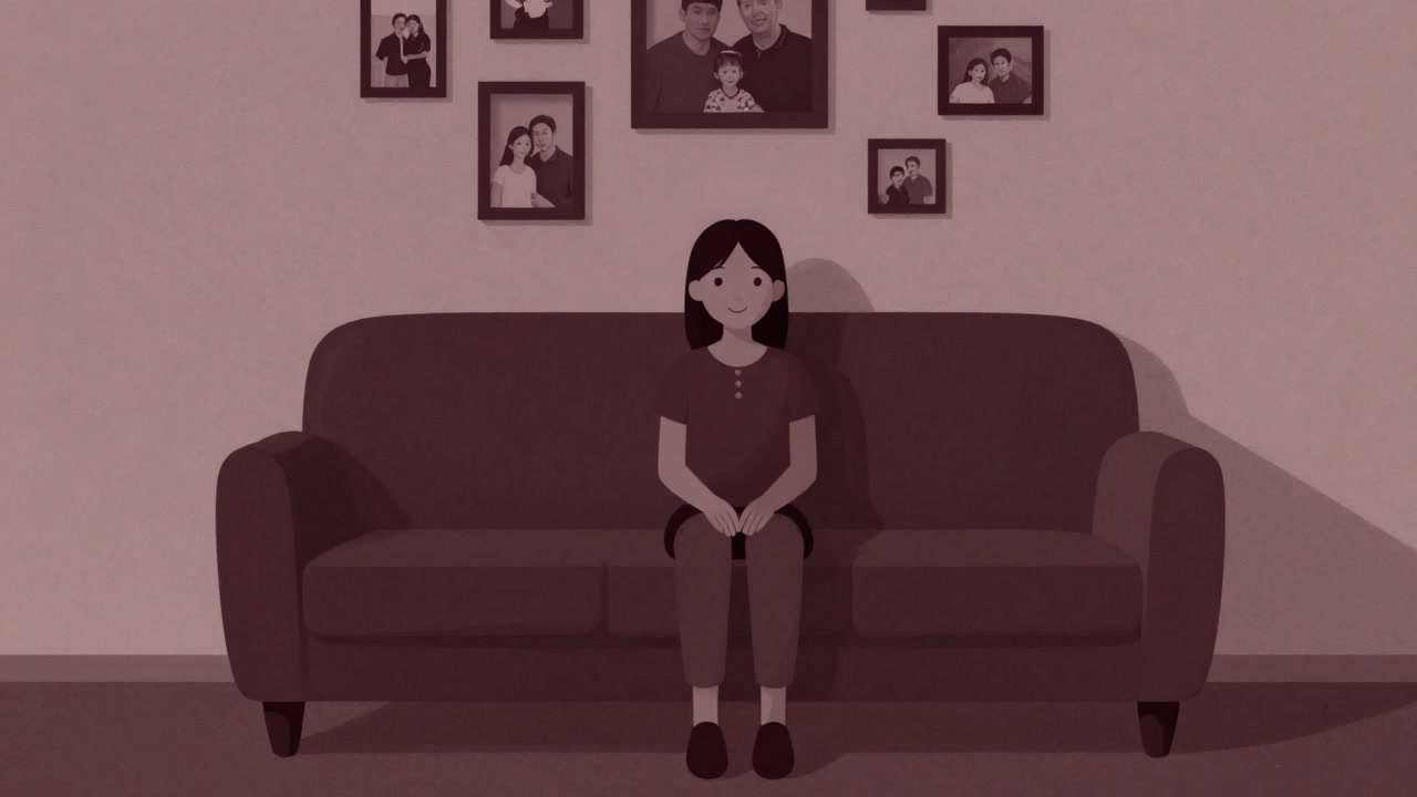 Illustration of a stepdaughter sitting on a living room sofa, smiling politely but with a distant expression