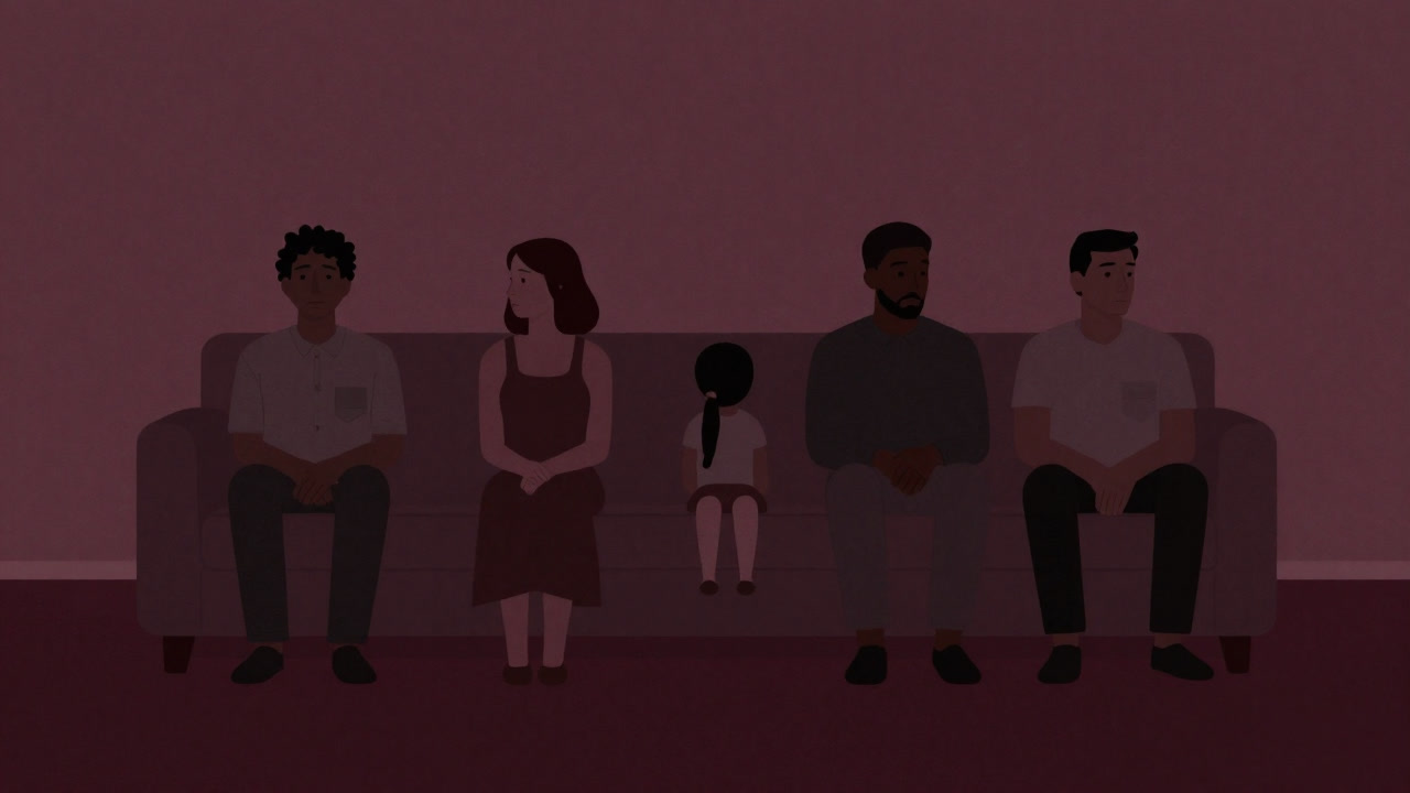 Adults and children sitting awkwardly on a couch in a living room, maintaining subtle distance, none looking at each other.