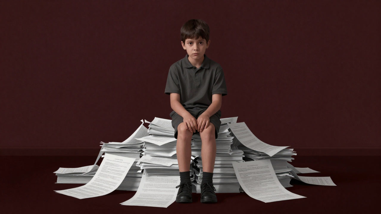Silhouette of a child sitting on a pile of contracts, looking at viewer sadly.