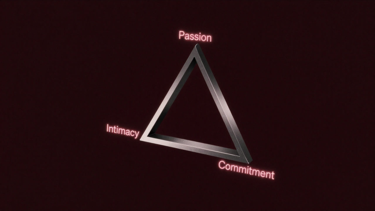 Illustration of a massive metallic triangle floating with the words 'Passion', 'Intimacy', 'Commitment' at its vertices