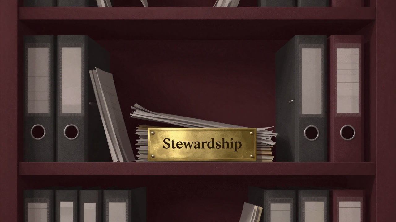 An image of a dusty plaque labeled 'Stewardship' buried in piles of paperwork on a forgotten shelf.