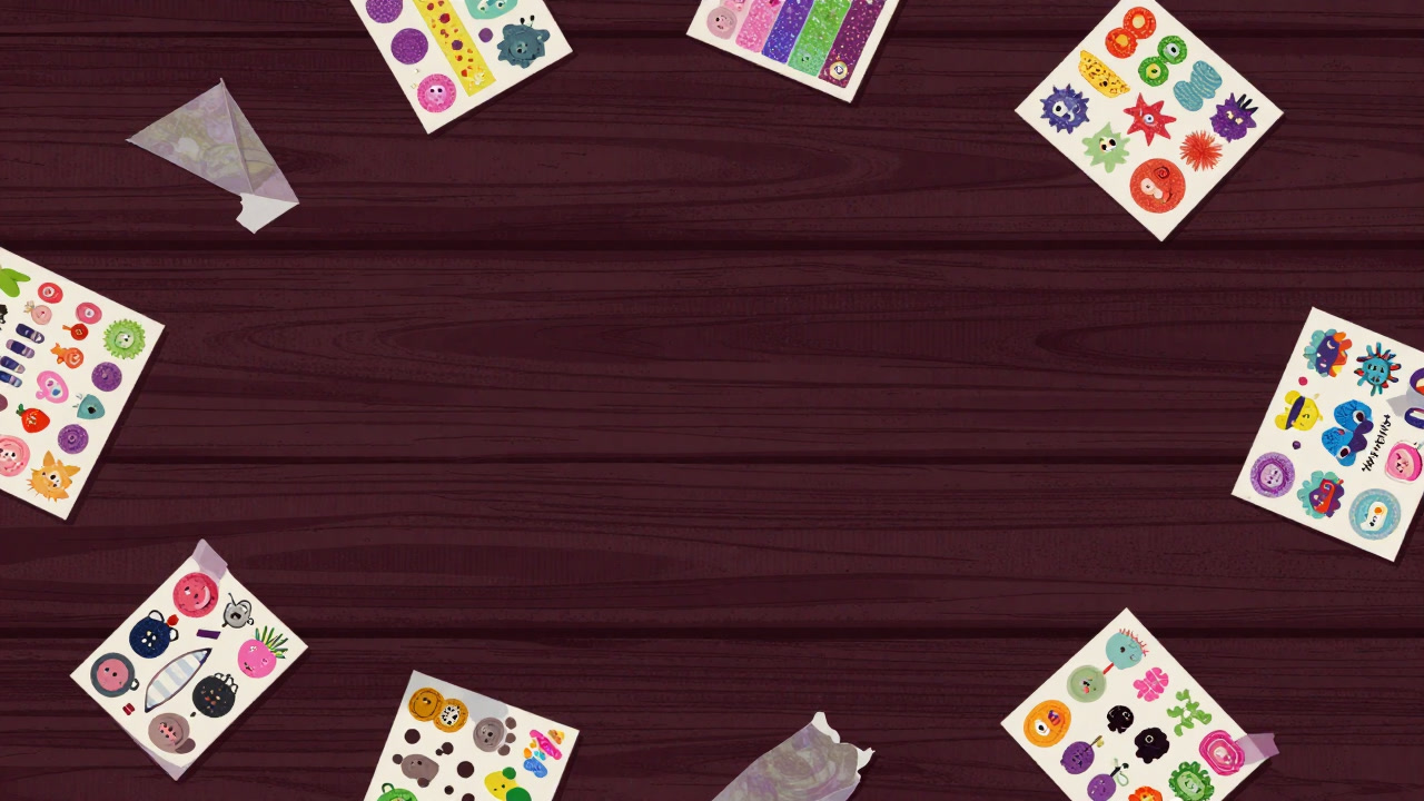 カラフルでキラキラしたシールシートが無造作に散らばる机の上の画像