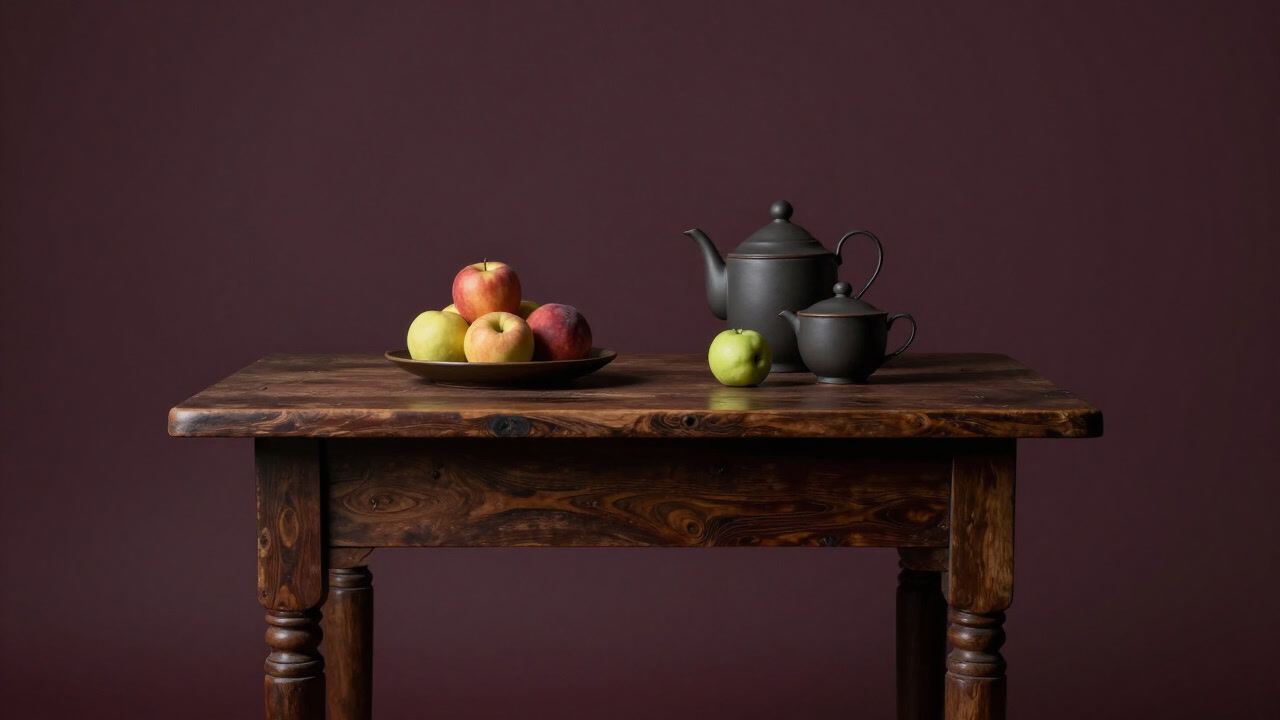 古びたテーブルの上に並べられた果物と陶器が、寂しげに佇む静物画のような写真