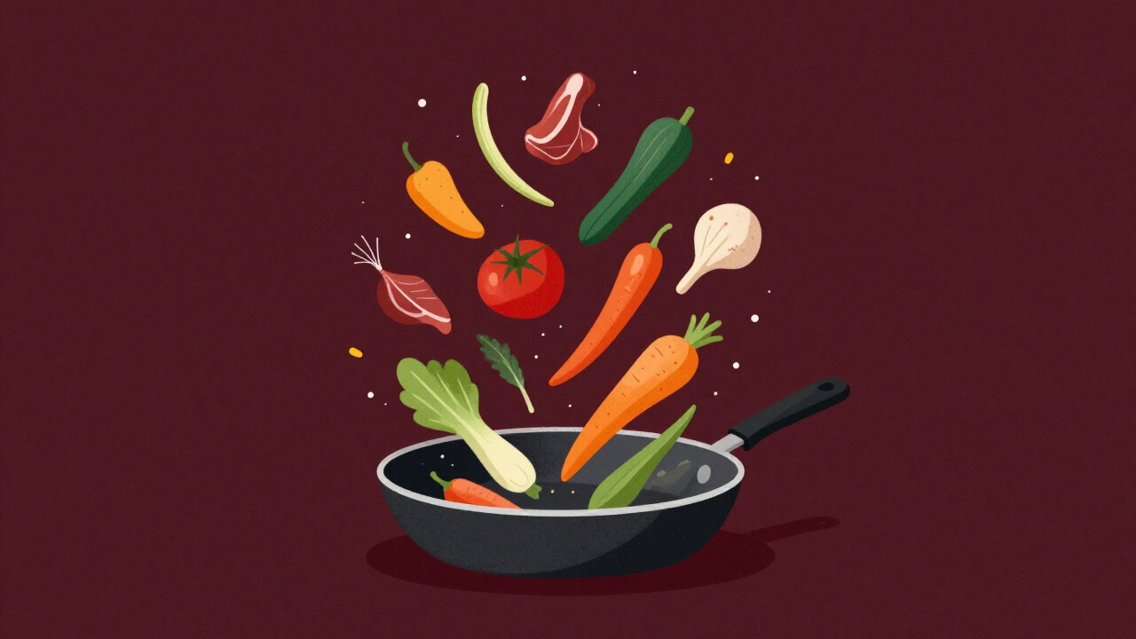 フライパンで食材が踊りながら焦げ目をつけられているカラフルなイラスト