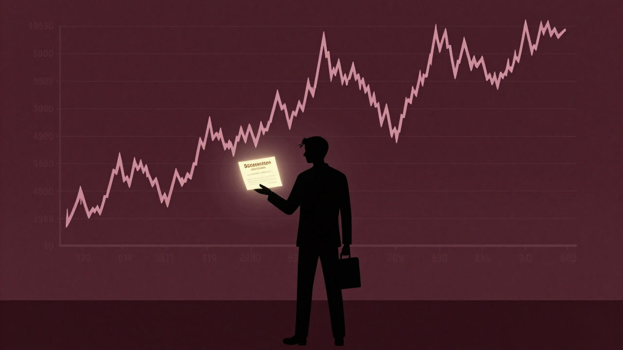 オプション権利証書を手に持ち、揺れる株価チャートを見つめる社員のシルエット