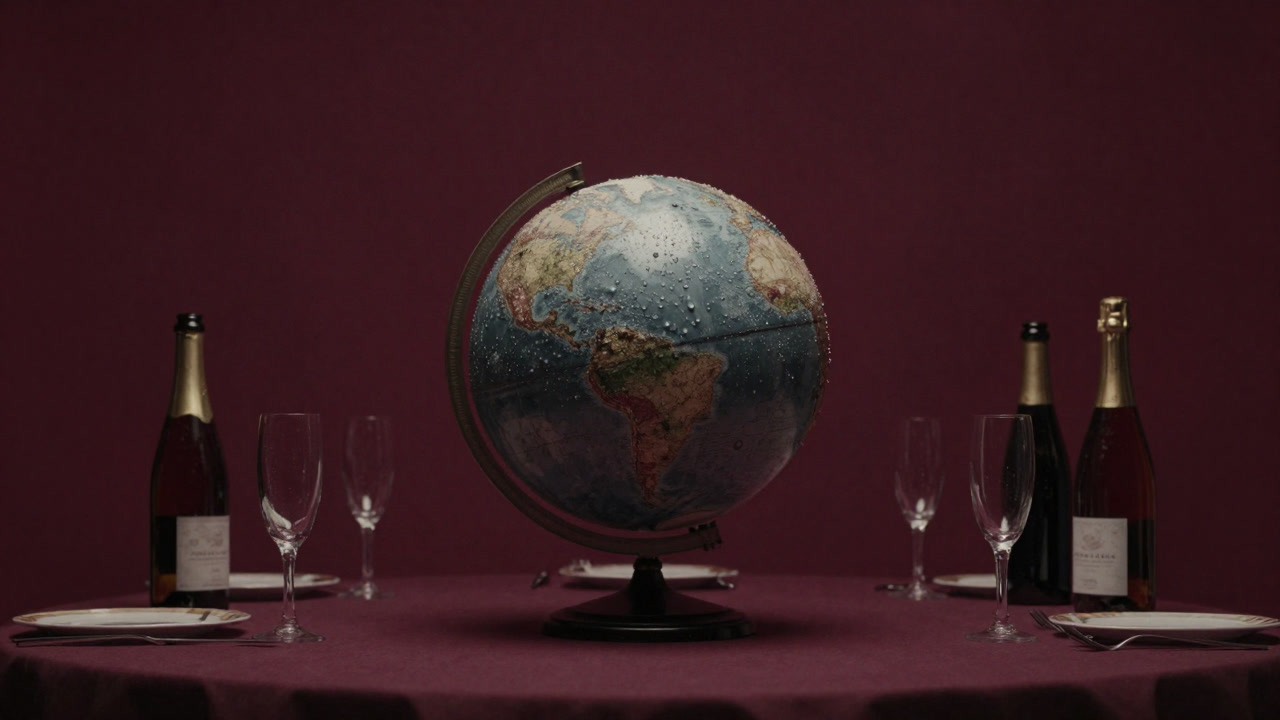 豪華な晩餐テーブルの上に置かれた地球儀が、シャンパンで濡れている写真