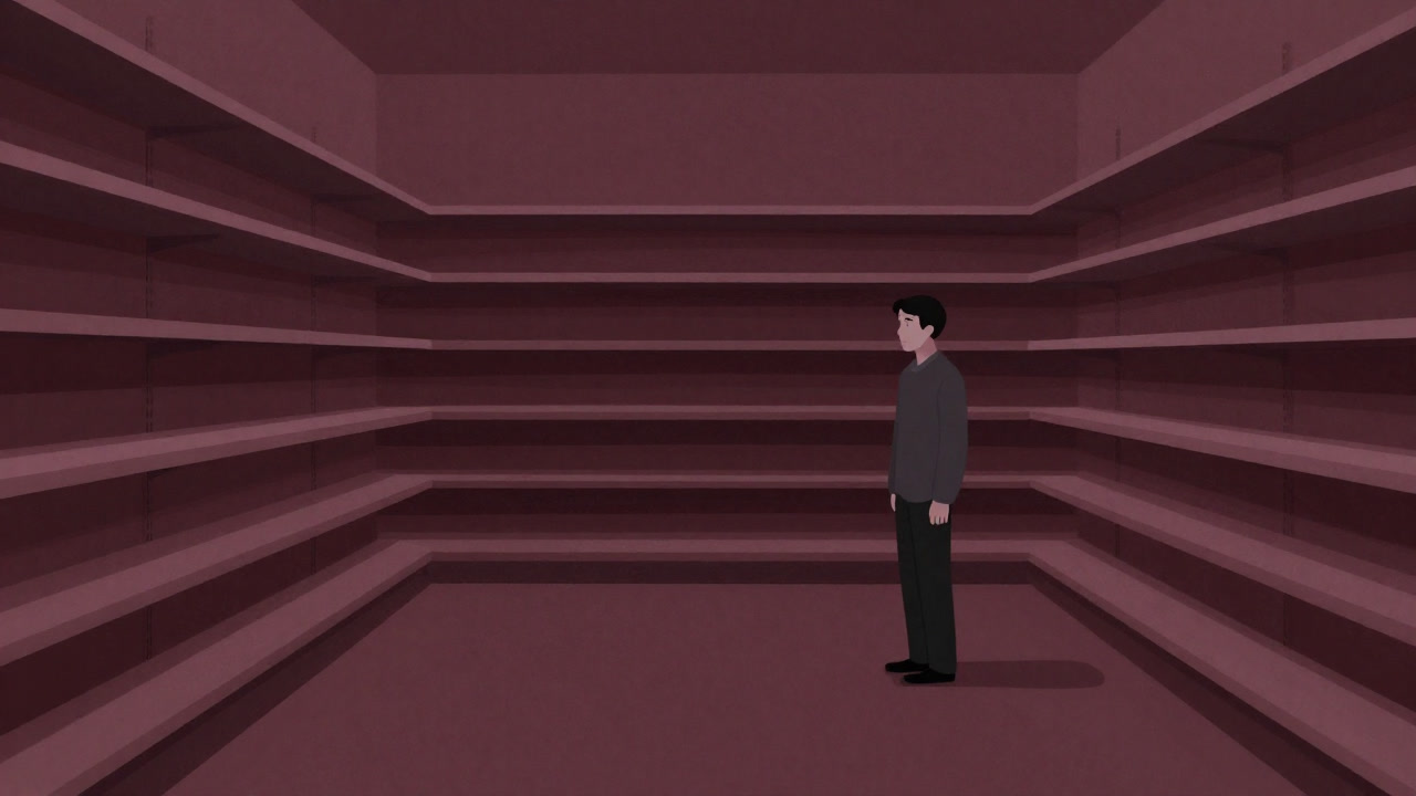 商品が全てなくなり、がらんとした棚だけが残る店舗のイラスト