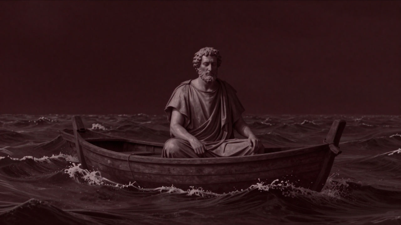瞑想する古代哲学者が、無表情のまま荒波の図を背景に佇むイラスト