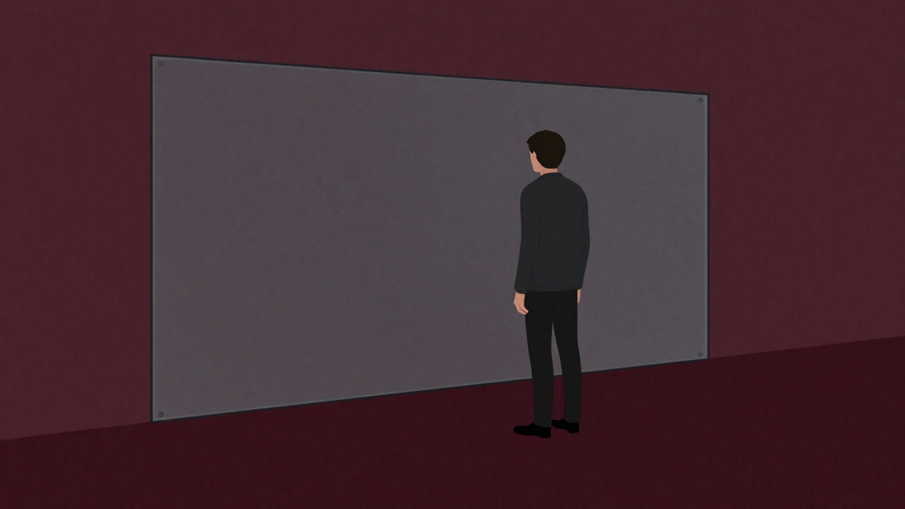 透明な壁を前に無言で背を向ける人のシルエット