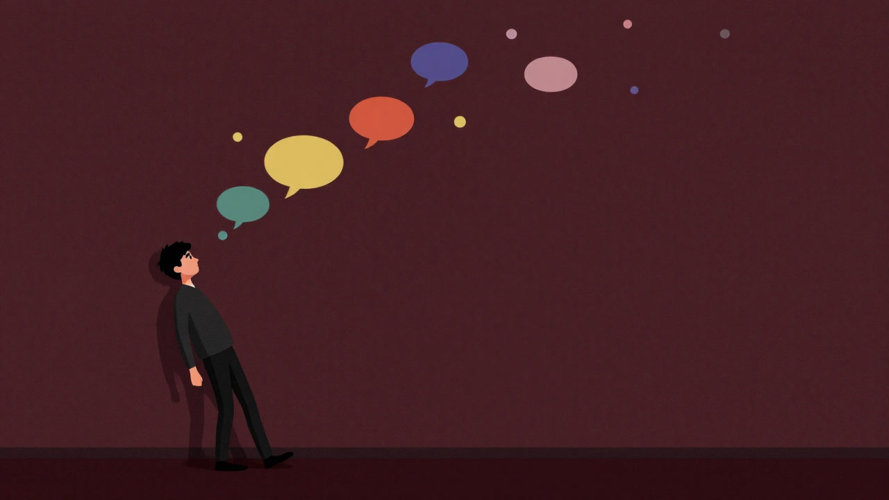 Silhouette of a person leaning against a wall as speech bubbles bounce off into darkness, symbolizing evasion